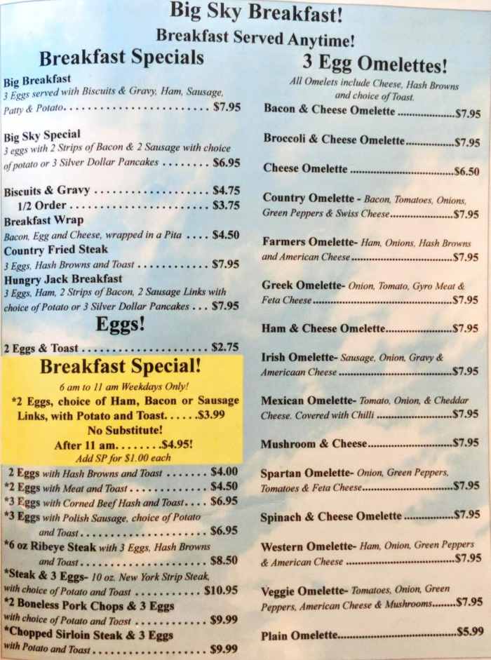 Page 1 of menu, Big Sky Diner Ypsilanti, MI