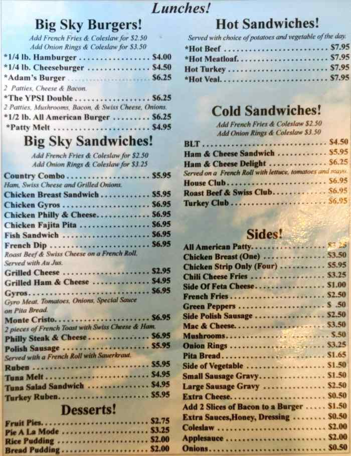 Page 4 of menu, Big Sky Diner Ypsilanti, MI