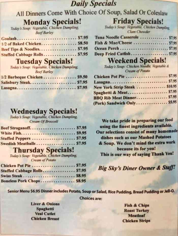 Page 5 of menu, Big Sky Diner Ypsilanti, MI